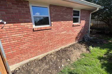 A backyard with a brick wall and a window.