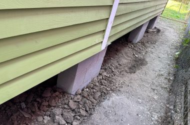 A house with a green siding next to a fence.