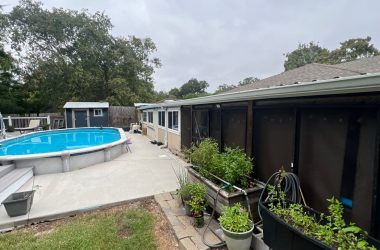 A backyard with a pool and plants.