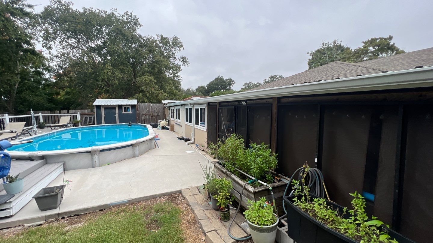 A backyard with a pool and plants.