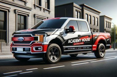A ford f - 150 truck driving down a city street.