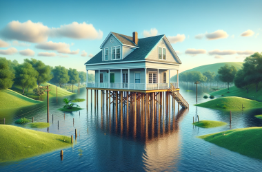 A lakefront home elevated on stilts, potentially eligible for government grants for home elevation.