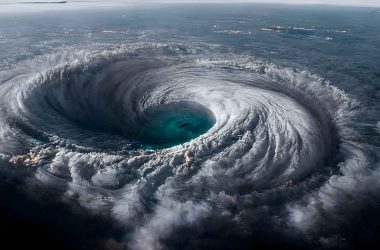 Aerial view of a massive, swirling storm system over the ocean, forming a prominent eye at the center surrounded by spiraling clouds—a stark reminder of the importance of hurricane preparation and strengthening your home's foundation.